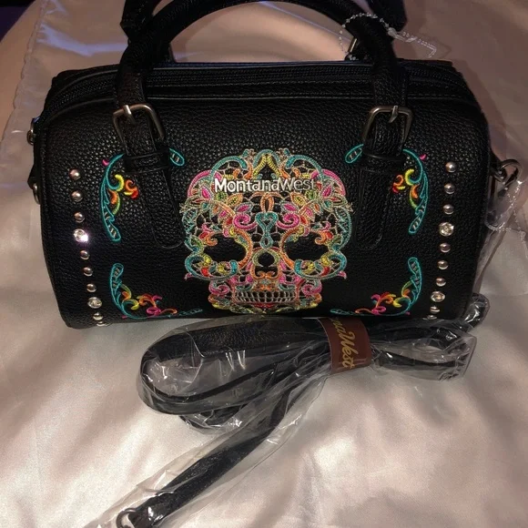 Montana West Black Faux Leather Embroidered Sugar Skull Satchel Crossbody NWT - Picture 10 of 16